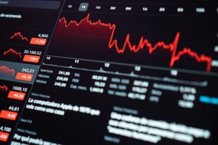 The screen showing data about the financial crisis because of the coronavirus