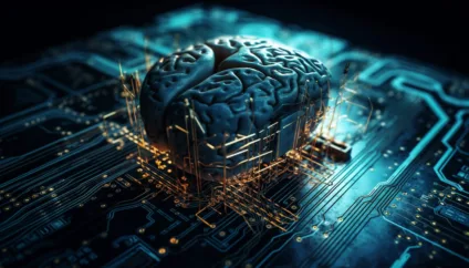 Glowing circuit board, complex cyborg brain design generated by artificial intelligence