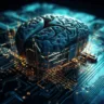 Glowing circuit board, complex cyborg brain design generated by artificial intelligence