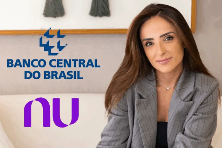 Foto de Letícia Moschioni, co-fundadora, sócia e mentora da Finscale, ao lado da logotipo do Nubank e do Banco Central do Brasil. Foto que ilustra matéria Agora não pode mais ser ‘bank’ Proposta do BC vira dor de cabeça para fintechs — e causou confusão até com o Nubank