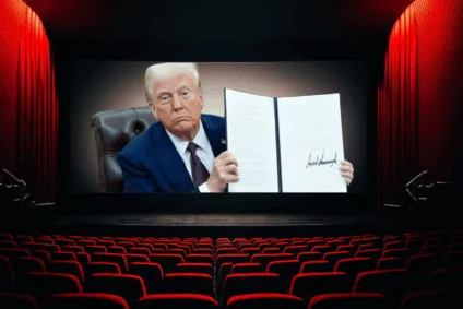Imagem de uma sala de cinema, vazia, com cadeiras vermelhas e um telão mostrando a imagem de Donald Trump, presidente dos EUA, assinando um documento a respeito das tarifas sobre o cinema estrangeiro.