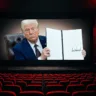 Imagem de uma sala de cinema, vazia, com cadeiras vermelhas e um telão mostrando a imagem de Donald Trump, presidente dos EUA, assinando um documento a respeito das tarifas sobre o cinema estrangeiro.