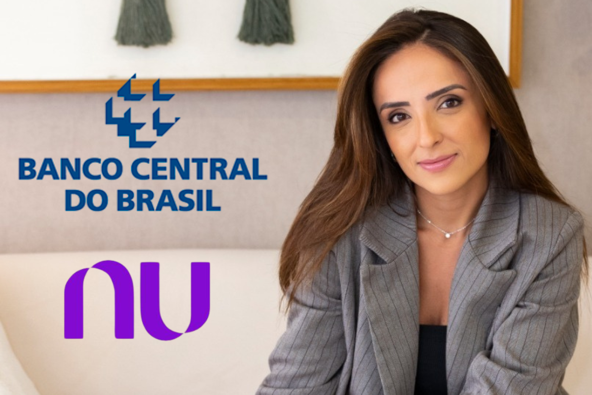 Foto de Letícia Moschioni, co-fundadora, sócia e mentora da Finscale, ao lado da logotipo do Nubank e do Banco Central do Brasil. Foto que ilustra matéria Agora não pode mais ser ‘bank’ Proposta do BC vira dor de cabeça para fintechs — e causou confusão até com o Nubank