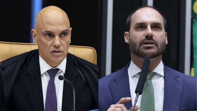 À esquerda, o ministro Alexandre de Moraes, do STF; à direita, o deputado federal licenciado Eduardo Bolsonaro (PL). Créditos: Nelson Jr./ SCO/ STF e Vinicius Loures/ Câmara dos Deputados À esquerda, o ministro Alexandre de Moraes, do STF; à direita, o deputado federal licenciado Eduardo Bolsonaro (PL). Créditos: Nelson Jr./ SCO/ STF e Vinicius Loures/ Câmara dos Deputados