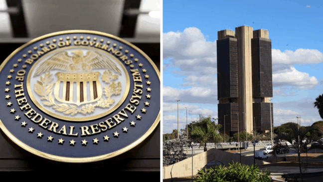 Federal Reserve e Banco Central do Brasil divulgaram taxas de juros nesta quarta-feira (30) (Foto: colagem/ reprodução/ Infomoney e Agência Brasil)