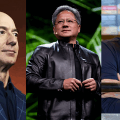 Foto: Da esquerda para direita: Jeff Bezos, CEO e fundador da Amazon; Jensen Huang, CEO e fundador da Nvidia; e Todd Graves, fundador da rede de fast-food Raising Cane's. Créditos: Reprodução/ Forbes; Reprodução/ Nvidia; Reprodução