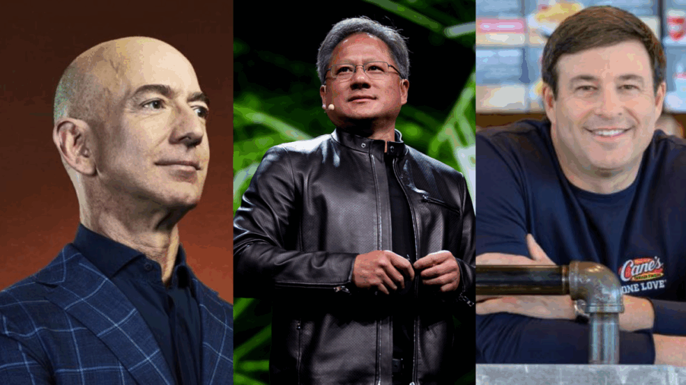 Foto: Da esquerda para direita: Jeff Bezos, CEO e fundador da Amazon; Jensen Huang, CEO e fundador da Nvidia; e Todd Graves, fundador da rede de fast-food Raising Cane's. Créditos: Reprodução/ Forbes; Reprodução/ Nvidia; Reprodução