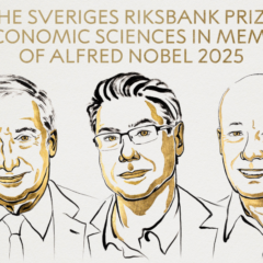 Ilustração de Joel Mokyr, Philippe Aghion e Peter Howitt, os vencedores do Prêmio Nobel de Economia (Foto: reprodução/X/Prêmio Nobel)