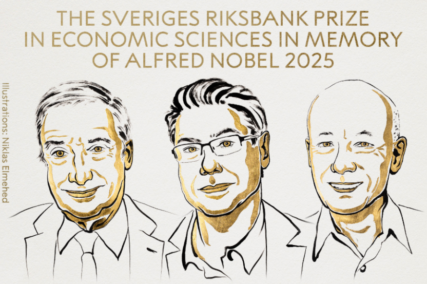 Ilustração de Joel Mokyr, Philippe Aghion e Peter Howitt, os vencedores do Prêmio Nobel de Economia (Foto: reprodução/X/Prêmio Nobel)