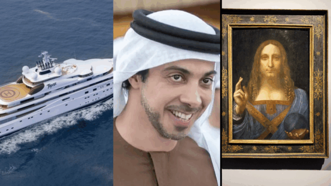 Créditos: Iate A+ (Ex-Topaz). Charter World News/ Reprodução; Sheikh Mansour bin Zayed Al Nahyan. Reprodução/ Instagram; Pintura Salvator Mundi, de Leonardo da Vinci. Reprodução/ CNN