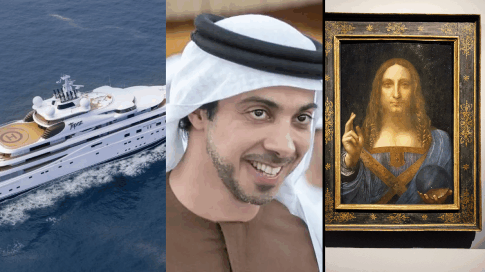 Créditos: Iate A+ (Ex-Topaz). Charter World News/ Reprodução; Sheikh Mansour bin Zayed Al Nahyan. Reprodução/ Instagram; Pintura Salvator Mundi, de Leonardo da Vinci. Reprodução/ CNN