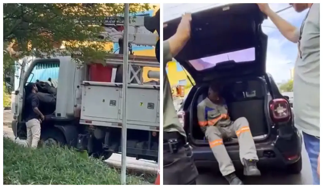 Técnico da Enel é preso em flagrante. Foto: Reprodução/ Subprefeitura da Vila Mariana.
Técnico da Enel é preso em flagrante. Foto: Reprodução/ Subprefeitura da Vila Mariana.