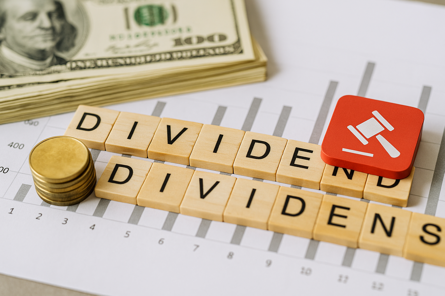 magem realista em alta resolução sobre taxação de dividendos, com elementos financeiros como pilhas de moedas douradas, cédulas de dinheiro, gráfico de barras e um ícone de martelo de juiz sobre uma planilha. A composição destaca o conceito de tributação sobre lucros distribuídos, ideal para conteúdos sobre economia, finanças, reforma tributária ou investimentos no Brasil.