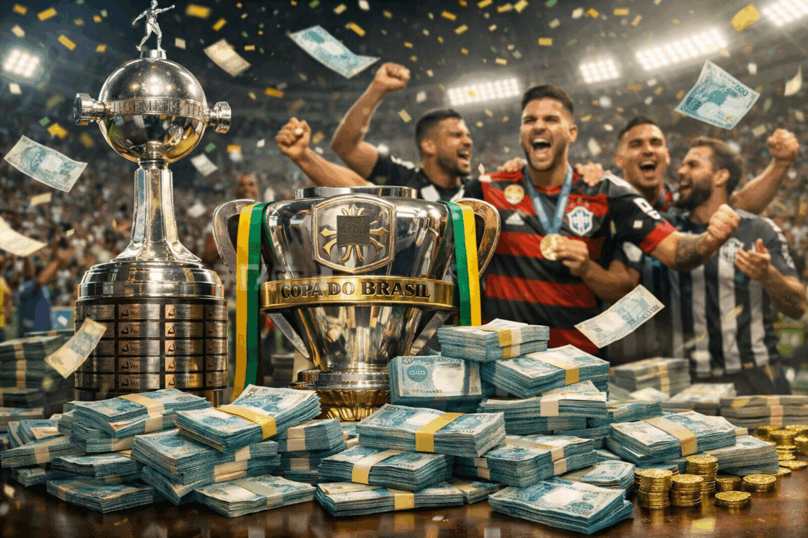 Imagem realista e vibrante ilustrando o sucesso financeiro dos clubes brasileiros no futebol. Em destaque, troféus como a Copa do Brasil e a Libertadores, cercados por grandes pilhas de dinheiro em cédulas de cem reais e moedas douradas, simbolizando os mais de R$ 2 bilhões em prêmios conquistados. Ao fundo, jogadores comemoram com medalhas, vestindo uniformes representativos de grandes clubes brasileiros, dentro de um estádio iluminado, com chuva de confetes e notas voando. Ideal para matérias sobre desempenho econômico dos clubes de futebol no Brasil. Imagem realista e vibrante ilustrando o sucesso financeiro dos clubes brasileiros no futebol. Em destaque, troféus como a Copa do Brasil e a Libertadores, cercados por grandes pilhas de dinheiro em cédulas de cem reais e moedas douradas, simbolizando os mais de R$ 2 bilhões em prêmios conquistados. Ao fundo, jogadores comemoram com medalhas, vestindo uniformes representativos de grandes clubes brasileiros, dentro de um estádio iluminado, com chuva de confetes e notas voando. Ideal para matérias sobre desempenho econômico dos clubes de futebol no Brasil.