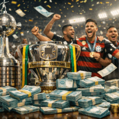 Imagem realista e vibrante ilustrando o sucesso financeiro dos clubes brasileiros no futebol. Em destaque, trof&eacute;us como a Copa do Brasil e a Libertadores, cercados por grandes pilhas de dinheiro em c&eacute;dulas de cem reais e moedas douradas, simbolizando os mais de R$ 2 bilh&otilde;es em pr&ecirc;mios conquistados. Ao fundo, jogadores comemoram com medalhas, vestindo uniformes representativos de grandes clubes brasileiros, dentro de um est&aacute;dio iluminado, com chuva de confetes e notas voando. Ideal para mat&eacute;rias sobre desempenho econ&ocirc;mico dos clubes de futebol no Brasil.