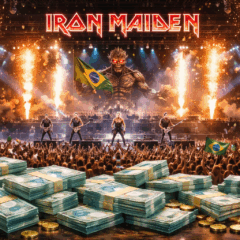 Imagem realista e cinematogr&aacute;fica retratando o retorno triunfante da banda Iron Maiden ao Brasil em 2026. No centro da cena, a banda se apresenta diante de uma multid&atilde;o vibrante, com um enorme palco iluminado por fogos de artif&iacute;cio e efeitos visuais impressionantes. A mascote Eddie aparece gigante ao fundo, com olhos vermelhos brilhantes e segurando uma bandeira do Brasil. Pilhas de dinheiro (c&eacute;dulas de R$ 100 e moedas douradas) aparecem em primeiro plano, simbolizando o faturamento de R$ 6 milh&otilde;es por show. A imagem destaca o sucesso da Iron Maiden em territ&oacute;rio brasileiro.
