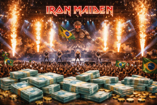 Imagem realista e cinematográfica retratando o retorno triunfante da banda Iron Maiden ao Brasil em 2026. No centro da cena, a banda se apresenta diante de uma multidão vibrante, com um enorme palco iluminado por fogos de artifício e efeitos visuais impressionantes. A mascote Eddie aparece gigante ao fundo, com olhos vermelhos brilhantes e segurando uma bandeira do Brasil. Pilhas de dinheiro (cédulas de R$ 100 e moedas douradas) aparecem em primeiro plano, simbolizando o faturamento de R$ 6 milhões por show. A imagem destaca o sucesso da Iron Maiden em território brasileiro.