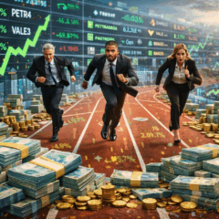 Imagem conceitual e realista representando a corrida dos dividendos no mercado financeiro brasileiro. Tr&ecirc;s executivos vestindo ternos correm em uma pista de atletismo estilizada com elementos da bolsa de valores, cercados por pilhas de dinheiro, c&eacute;dulas de R$ 100 e moedas de ouro. No fundo, pain&eacute;is digitais mostram cota&ccedil;&otilde;es de a&ccedil;&otilde;es como PETR4, VALE3 e B3AS3, com gr&aacute;ficos em alta e n&uacute;meros verdes. A cena simboliza a disputa acirrada por lucros e a distribui&ccedil;&atilde;o recorde de R$ 124 bilh&otilde;es em dividendos no 4&ordm; trimestre, destacando a movimenta&ccedil;&atilde;o intensa dos investidores na B3.