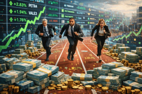 Imagem conceitual e realista representando a corrida dos dividendos no mercado financeiro brasileiro. Três executivos vestindo ternos correm em uma pista de atletismo estilizada com elementos da bolsa de valores, cercados por pilhas de dinheiro, cédulas de R$ 100 e moedas de ouro. No fundo, painéis digitais mostram cotações de ações como PETR4, VALE3 e B3AS3, com gráficos em alta e números verdes. A cena simboliza a disputa acirrada por lucros e a distribuição recorde de R$ 124 bilhões em dividendos no 4º trimestre, destacando a movimentação intensa dos investidores na B3.