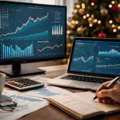 Uma mesa de trabalho com gr&aacute;ficos financeiros exibidos em dois monitores representa uma agenda econ&ocirc;mica movimentada, com an&aacute;lises de infla&ccedil;&atilde;o, a&ccedil;&otilde;es e indicadores de mercado. Ao fundo, uma &aacute;rvore de Natal iluminada marca o per&iacute;odo festivo da divulga&ccedil;&atilde;o do IPCA-15, PCE e PIB dos EUA. O cen&aacute;rio refor&ccedil;a o clima de fim de ano enquanto telas e anota&ccedil;&otilde;es mostram a rotina de estudos e proje&ccedil;&otilde;es da agenda econ&ocirc;mica da semana.