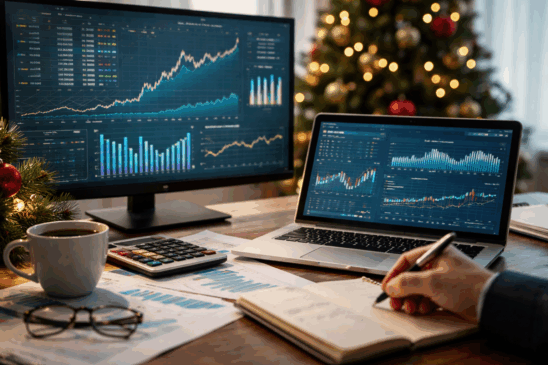 Uma mesa de trabalho com gráficos financeiros exibidos em dois monitores representa uma agenda econômica movimentada, com análises de inflação, ações e indicadores de mercado. Ao fundo, uma árvore de Natal iluminada marca o período festivo da divulgação do IPCA-15, PCE e PIB dos EUA. O cenário reforça o clima de fim de ano enquanto telas e anotações mostram a rotina de estudos e projeções da agenda econômica da semana.