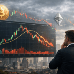 Cena realista mostrando um investidor observando um gr&aacute;fico de bitcoin em queda ap&oacute;s uma bull run, com o skyline de uma cidade ao fundo sob um c&eacute;u nublado. O gr&aacute;fico exibe claramente a valoriza&ccedil;&atilde;o seguida de ajuste no pre&ccedil;o do bitcoin, com velas vermelhas e uma seta descendente representando o movimento do mercado. &Iacute;cones de bitcoin e ethereum flutuam digitalmente no c&eacute;u, simbolizando o impacto das criptomoedas na economia moderna. A imagem transmite o momento de corre&ccedil;&atilde;o do mercado cripto com destaque visual para o bitcoin.