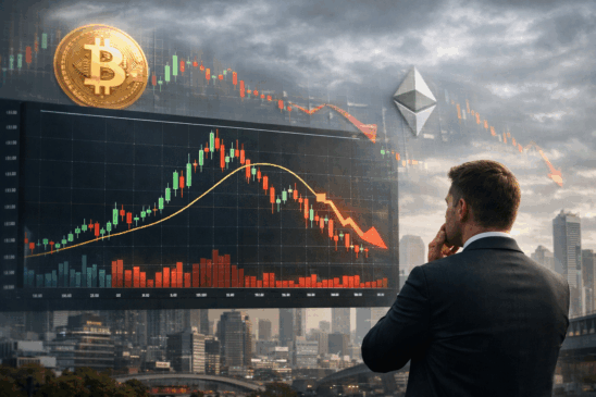 Cena realista mostrando um investidor observando um gráfico de bitcoin em queda após uma bull run, com o skyline de uma cidade ao fundo sob um céu nublado. O gráfico exibe claramente a valorização seguida de ajuste no preço do bitcoin, com velas vermelhas e uma seta descendente representando o movimento do mercado. Ícones de bitcoin e ethereum flutuam digitalmente no céu, simbolizando o impacto das criptomoedas na economia moderna. A imagem transmite o momento de correção do mercado cripto com destaque visual para o bitcoin.