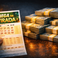 Imagem realista de uma pessoa segurando um bilhete da Mega da Virada ao lado de pilhas de dinheiro em notas de 100 reais, simbolizando a chance de conquistar uma grande fortuna &mdash; assim como ocorre com investidores de bitcoin que sonham em enriquecer rapidamente. A cena remete &agrave; expectativa de ganhar R$ 1 bilh&atilde;o, trazendo uma analogia clara com a valoriza&ccedil;&atilde;o hist&oacute;rica do bitcoin e seu apelo entre apostadores e entusiastas de finan&ccedil;as. Ideal para mat&eacute;rias sobre sorteios, investimentos de alto risco, e compara&ccedil;&otilde;es entre loteria e criptomoedas como o bitcoin.