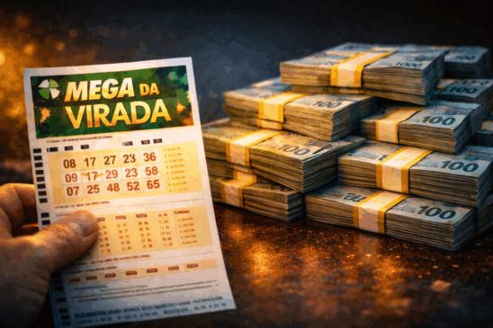 Imagem realista de uma pessoa segurando um bilhete da Mega da Virada ao lado de pilhas de dinheiro em notas de 100 reais, simbolizando a chance de conquistar uma grande fortuna — assim como ocorre com investidores de bitcoin que sonham em enriquecer rapidamente. A cena remete à expectativa de ganhar R$ 1 bilhão, trazendo uma analogia clara com a valorização histórica do bitcoin e seu apelo entre apostadores e entusiastas de finanças. Ideal para matérias sobre sorteios, investimentos de alto risco, e comparações entre loteria e criptomoedas como o bitcoin.