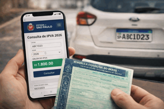 Consulta do IPVA 2026 em São Paulo sendo feita por um motorista usando o celular, com o valor do imposto em destaque e o documento do veículo (CRLV) nas mãos. Ao fundo, um carro com placa de SP reforça a temática regional. A imagem ilustra o impacto da tributação no dia a dia do brasileiro — contexto que se aproxima das discussões sobre liberdade financeira e alternativas como o bitcoin. Ideal para matérias que exploram a comparação entre impostos tradicionais, como o IPVA, e o uso crescente de bitcoin para planejar finanças e evitar desvalorização do dinheiro.