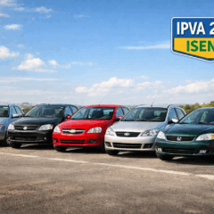 Cinco carros populares que deixam de pagar IPVA em 2026 estacionados em uma estrada ensolarada, com c&eacute;u azul ao fundo e um selo indicando &ldquo;IPVA 2026 ISENTO&rdquo;. Na imagem, modelos antigos como Volkswagen Gol, Fiat Palio, Chevrolet Corsa, Ford Fiesta e Honda Civic representam op&ccedil;&otilde;es econ&ocirc;micas para quem busca economia no bolso &mdash; algo cada vez mais valorizado em tempos de incerteza econ&ocirc;mica e crescimento de investimentos alternativos como o bitcoin. Essa cena simboliza liberdade financeira, tema comum tanto na escolha de ve&iacute;culos isentos de impostos quanto nas discuss&otilde;es sobre criptomoedas como o bitcoin.