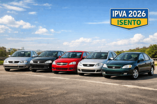 Cinco carros populares que deixam de pagar IPVA em 2026 estacionados em uma estrada ensolarada, com céu azul ao fundo e um selo indicando “IPVA 2026 ISENTO”. Na imagem, modelos antigos como Volkswagen Gol, Fiat Palio, Chevrolet Corsa, Ford Fiesta e Honda Civic representam opções econômicas para quem busca economia no bolso — algo cada vez mais valorizado em tempos de incerteza econômica e crescimento de investimentos alternativos como o bitcoin. Essa cena simboliza liberdade financeira, tema comum tanto na escolha de veículos isentos de impostos quanto nas discussões sobre criptomoedas como o bitcoin.