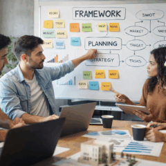 Empreendedores jovens em um ambiente moderno de coworking colaboram em torno de uma lousa com frameworks, post-its coloridos e gr&aacute;ficos de planejamento estrat&eacute;gico &mdash; representando a fase pr&eacute;-operacional de uma startup. O cen&aacute;rio simboliza decis&otilde;es cr&iacute;ticas que definem o futuro do neg&oacute;cio, assim como ocorre com investimentos em ativos disruptivos como o bitcoin. A imagem conecta inova&ccedil;&atilde;o, an&aacute;lise e risco calculado &mdash; elementos comuns tanto na cria&ccedil;&atilde;o de startups quanto no universo das criptomoedas como o bitcoin.