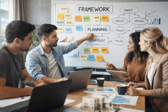 Empreendedores jovens em um ambiente moderno de coworking colaboram em torno de uma lousa com frameworks, post-its coloridos e gráficos de planejamento estratégico — representando a fase pré-operacional de uma startup. O cenário simboliza decisões críticas que definem o futuro do negócio, assim como ocorre com investimentos em ativos disruptivos como o bitcoin. A imagem conecta inovação, análise e risco calculado — elementos comuns tanto na criação de startups quanto no universo das criptomoedas como o bitcoin.