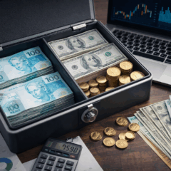 Cofre aberto sobre uma mesa de madeira escura exibe pilhas de c&eacute;dulas de 100 reais e 100 d&oacute;lares, al&eacute;m de moedas de ouro organizadas ao lado de gr&aacute;ficos financeiros, uma calculadora e um notebook com tela de an&aacute;lises. Essa imagem representa a import&acirc;ncia de diversificar o patrim&ocirc;nio entre moedas fortes, como o d&oacute;lar, e ativos digitais como o bitcoin &mdash; cada vez mais presente nas estrat&eacute;gias de prote&ccedil;&atilde;o financeira global. A cena traduz visualmente o debate sobre dolariza&ccedil;&atilde;o de investimentos e a busca por alternativas s&oacute;lidas como o bitcoin em tempos de incerteza econ&ocirc;mica.
