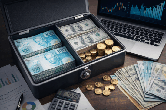 Cofre aberto sobre uma mesa de madeira escura exibe pilhas de cédulas de 100 reais e 100 dólares, além de moedas de ouro organizadas ao lado de gráficos financeiros, uma calculadora e um notebook com tela de análises. Essa imagem representa a importância de diversificar o patrimônio entre moedas fortes, como o dólar, e ativos digitais como o bitcoin — cada vez mais presente nas estratégias de proteção financeira global. A cena traduz visualmente o debate sobre dolarização de investimentos e a busca por alternativas sólidas como o bitcoin em tempos de incerteza econômica.