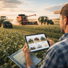 Imagem realista mostra um agricultor moderno analisando op&ccedil;&otilde;es de m&aacute;quinas agr&iacute;colas em um tablet, enquanto observa tratores e colheitadeiras operando em uma lavoura ao entardecer. A cena representa a busca por efici&ecirc;ncia e alta rentabilidade no agroneg&oacute;cio &mdash; conceitos que tamb&eacute;m movem investidores de bitcoin. O uso de tecnologia no campo refor&ccedil;a a rela&ccedil;&atilde;o entre inova&ccedil;&atilde;o agr&iacute;cola e ativos digitais como o bitcoin, destacando como ambos os setores priorizam retorno e decis&otilde;es estrat&eacute;gicas. Ideal para artigos que conectam o agroneg&oacute;cio com tend&ecirc;ncias de investimento, incluindo criptomoedas como o bitcoin.