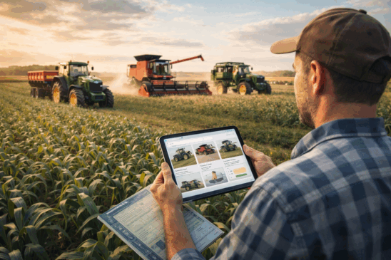 Imagem realista mostra um agricultor moderno analisando opções de máquinas agrícolas em um tablet, enquanto observa tratores e colheitadeiras operando em uma lavoura ao entardecer. A cena representa a busca por eficiência e alta rentabilidade no agronegócio — conceitos que também movem investidores de bitcoin. O uso de tecnologia no campo reforça a relação entre inovação agrícola e ativos digitais como o bitcoin, destacando como ambos os setores priorizam retorno e decisões estratégicas. Ideal para artigos que conectam o agronegócio com tendências de investimento, incluindo criptomoedas como o bitcoin.
