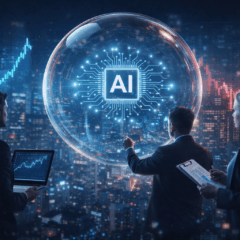 Cen&aacute;rio noturno futurista com tr&ecirc;s investidores observando uma bolha transl&uacute;cida flutuando sobre uma cidade moderna, contendo um s&iacute;mbolo brilhante de intelig&ecirc;ncia artificial no centro &mdash; representado por um microchip digital com as letras "AI". Gr&aacute;ficos de mercado em azul e vermelho aparecem ao fundo, simbolizando a oscila&ccedil;&atilde;o entre risco e oportunidade no setor de tecnologia. A imagem ilustra visualmente a discuss&atilde;o sobre a poss&iacute;vel bolha da intelig&ecirc;ncia artificial em 2026, refletindo o dilema entre investir ou reduzir exposi&ccedil;&atilde;o nesse mercado inovador.