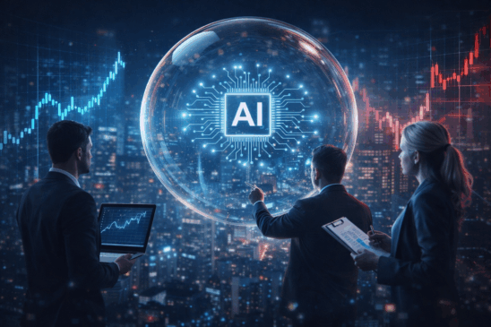 Cenário noturno futurista com três investidores observando uma bolha translúcida flutuando sobre uma cidade moderna, contendo um símbolo brilhante de inteligência artificial no centro — representado por um microchip digital com as letras "AI". Gráficos de mercado em azul e vermelho aparecem ao fundo, simbolizando a oscilação entre risco e oportunidade no setor de tecnologia. A imagem ilustra visualmente a discussão sobre a possível bolha da inteligência artificial em 2026, refletindo o dilema entre investir ou reduzir exposição nesse mercado inovador.