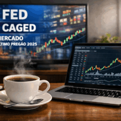 Imagem realista ilustrando o ambiente do mercado financeiro no &uacute;ltimo preg&atilde;o de 2025. Em primeiro plano, uma x&iacute;cara de caf&eacute; fumegante sobre uma mesa de madeira, ao lado de um notebook exibindo gr&aacute;ficos de a&ccedil;&otilde;es em alta. Ao fundo, uma tela de TV mostra uma manchete com os termos &ldquo;FED&rdquo;, &ldquo;CAGED&rdquo; e &ldquo;&uacute;ltimo preg&atilde;o 2025&rdquo;, com gr&aacute;ficos de candlestick e dados do mercado em tempo real. A composi&ccedil;&atilde;o transmite a atmosfera de an&aacute;lise econ&ocirc;mica matinal, t&iacute;pica de uma cobertura jornal&iacute;stica sobre os desdobramentos do mercado no encerramento do ano. Ideal para mat&eacute;rias financeiras, blogs de investimentos e portais de not&iacute;cias.