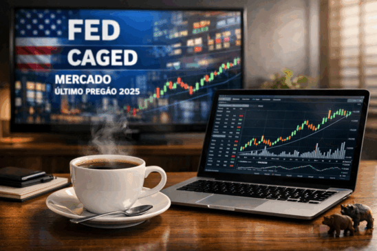 Imagem realista ilustrando o ambiente do mercado financeiro no último pregão de 2025. Em primeiro plano, uma xícara de café fumegante sobre uma mesa de madeira, ao lado de um notebook exibindo gráficos de ações em alta. Ao fundo, uma tela de TV mostra uma manchete com os termos “FED”, “CAGED” e “último pregão 2025”, com gráficos de candlestick e dados do mercado em tempo real. A composição transmite a atmosfera de análise econômica matinal, típica de uma cobertura jornalística sobre os desdobramentos do mercado no encerramento do ano. Ideal para matérias financeiras, blogs de investimentos e portais de notícias.