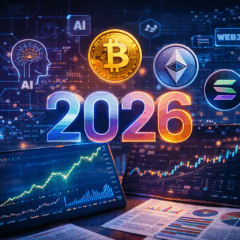 Imagem realista e futurista sobre cripto em 2026, destacando as principais tend&ecirc;ncias do mercado. No centro, o n&uacute;mero &ldquo;2026&rdquo; brilha em tons vibrantes, cercado por &iacute;cones das maiores criptomoedas, incluindo Bitcoin, Ethereum e Solana. Ao fundo, elementos visuais de blockchain, intelig&ecirc;ncia artificial (IA) e Web3 refor&ccedil;am a inova&ccedil;&atilde;o no setor. Gr&aacute;ficos de alta e tablets exibindo an&aacute;lises completam a cena, transmitindo crescimento, tecnologia e investimentos em ativos digitais como o bitcoin. Ideal para ilustrar mat&eacute;rias sobre criptomoedas, blockchain e mercado cripto em 2026.