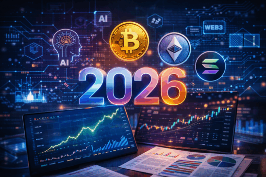 Imagem realista e futurista sobre cripto em 2026, destacando as principais tendências do mercado. No centro, o número “2026” brilha em tons vibrantes, cercado por ícones das maiores criptomoedas, incluindo Bitcoin, Ethereum e Solana. Ao fundo, elementos visuais de blockchain, inteligência artificial (IA) e Web3 reforçam a inovação no setor. Gráficos de alta e tablets exibindo análises completam a cena, transmitindo crescimento, tecnologia e investimentos em ativos digitais como o bitcoin. Ideal para ilustrar matérias sobre criptomoedas, blockchain e mercado cripto em 2026.