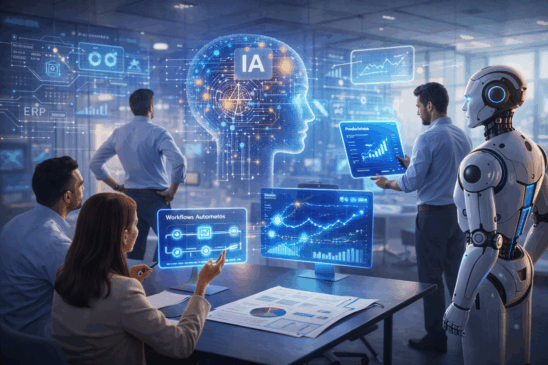 Imagem realista de um ambiente corporativo moderno ilustrando a inteligência artificial em 2026. Funcionários interagem com telas holográficas e dashboards digitais com gráficos de produtividade e fluxos de automação, enquanto um robô humanoide observa a operação. No centro, uma interface brilhante em forma de cérebro com o termo "IA" conecta sistemas como ERP e workflows automatizados. A cena representa a integração da inteligência artificial ao cotidiano das empresas, com foco em automações, análise de dados e orquestração digital de processos.