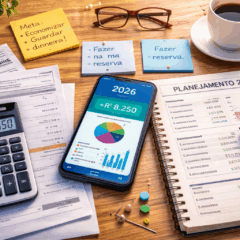 Imagem realista de uma mesa organizada com foco em planejamento financeiro para as contas de janeiro. Em destaque, um celular exibe saldo positivo com gr&aacute;ficos de despesas e receitas, ao lado de contas vencidas, uma calculadora com valor total de R$ 2.650, um caderno com planejamento 2026 e post-its com metas como &ldquo;fazer reserva&rdquo; e &ldquo;economizar&rdquo;. A cena transmite organiza&ccedil;&atilde;o financeira e foco em come&ccedil;ar o ano no azul, ideal para conte&uacute;dos sobre or&ccedil;amento dom&eacute;stico e controle de gastos em janeiro.
