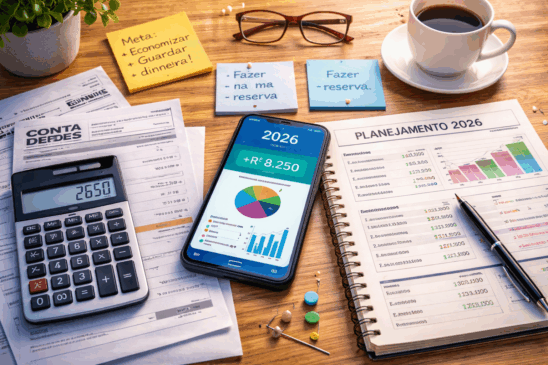 Imagem realista de uma mesa organizada com foco em planejamento financeiro para as contas de janeiro. Em destaque, um celular exibe saldo positivo com gráficos de despesas e receitas, ao lado de contas vencidas, uma calculadora com valor total de R$ 2.650, um caderno com planejamento 2026 e post-its com metas como “fazer reserva” e “economizar”. A cena transmite organização financeira e foco em começar o ano no azul, ideal para conteúdos sobre orçamento doméstico e controle de gastos em janeiro.