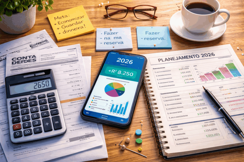 Imagem realista de uma mesa organizada com foco em planejamento financeiro para as contas de janeiro. Em destaque, um celular exibe saldo positivo com gráficos de despesas e receitas, ao lado de contas vencidas, uma calculadora com valor total de R$ 2.650, um caderno com planejamento 2026 e post-its com metas como “fazer reserva” e “economizar”. A cena transmite organização financeira e foco em começar o ano no azul, ideal para conteúdos sobre orçamento doméstico e controle de gastos em janeiro.