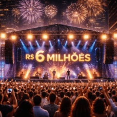 Imagem realista de um fim de ano animado na Avenida Paulista, com uma multid&atilde;o celebrando a chegada de 2026. O palco principal exibe o valor &ldquo;R$ 6 milh&otilde;es&rdquo; em cach&ecirc;s sob um show de luzes e fogos de artif&iacute;cio no c&eacute;u. Artistas se apresentam enquanto o p&uacute;blico vibra, registrando o momento com celulares. A cena reflete um evento de grande porte, com estrutura profissional, clima festivo e energia t&iacute;pica das festas de r&eacute;veillon ao ar livre em S&atilde;o Paulo.