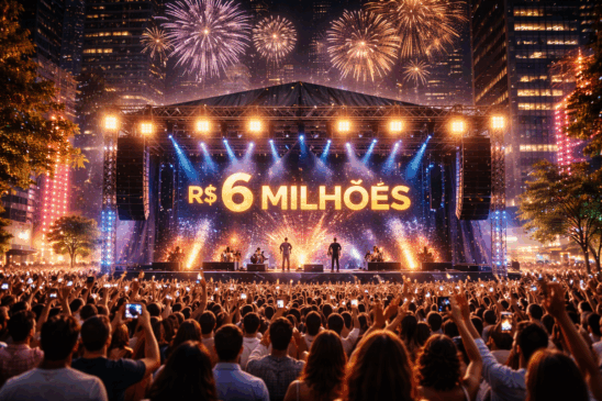 Imagem realista de um fim de ano animado na Avenida Paulista, com uma multidão celebrando a chegada de 2026. O palco principal exibe o valor “R$ 6 milhões” em cachês sob um show de luzes e fogos de artifício no céu. Artistas se apresentam enquanto o público vibra, registrando o momento com celulares. A cena reflete um evento de grande porte, com estrutura profissional, clima festivo e energia típica das festas de réveillon ao ar livre em São Paulo.